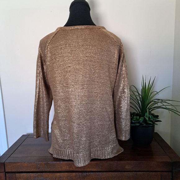 Zara Knit Sweater Gold Mwtallic Size Medium 3/4 Sleeve Round Neck - Picture 6 of 10